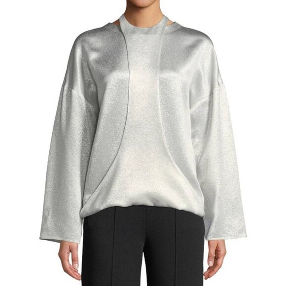 NWT VALENTINO TOP 6 LONG SLEEVED HAMMERED METALLIC SILVER BLOUSE HARNESS RUNWAY - Picture 2 of 14